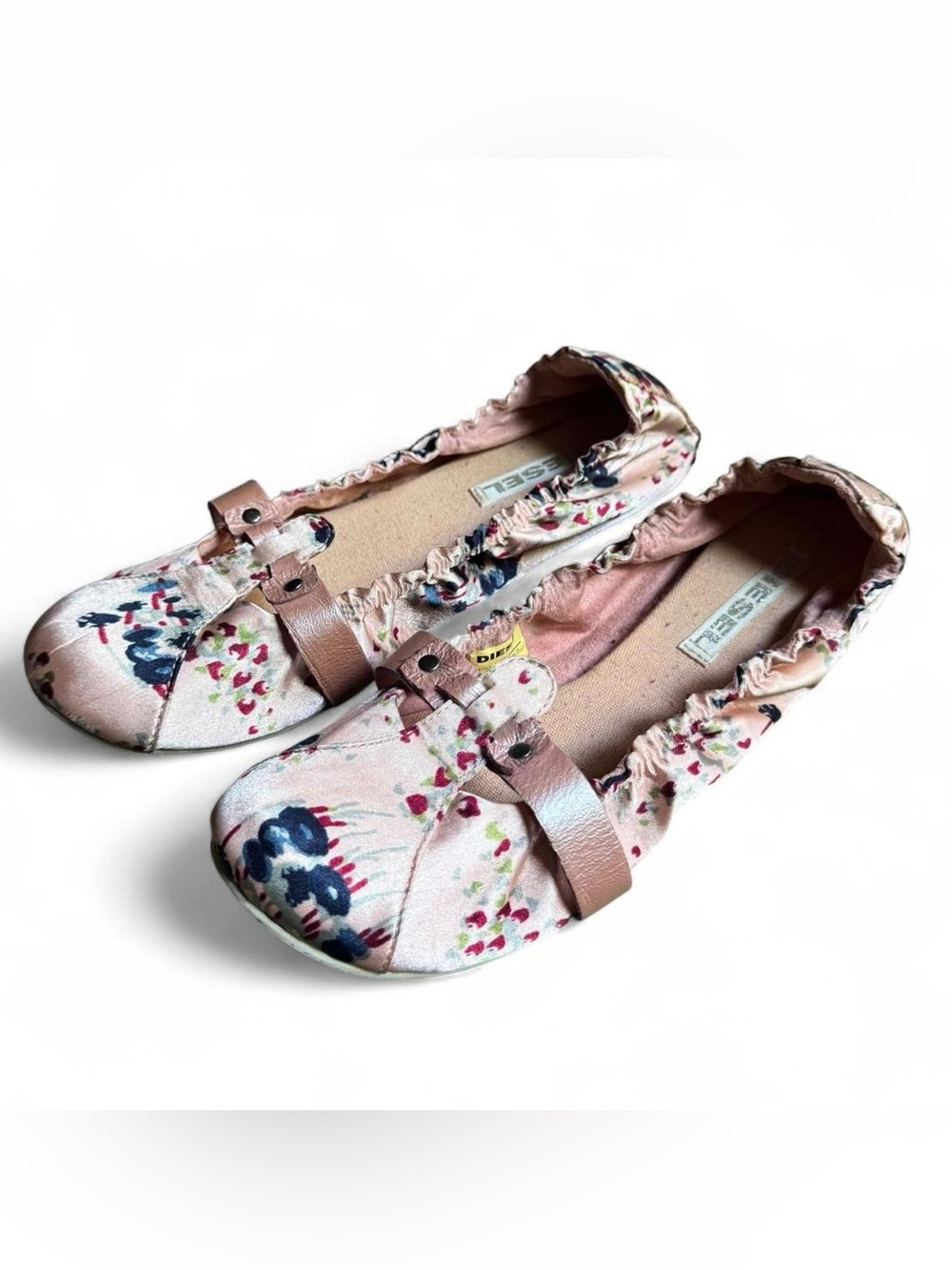 Diesel pink floral ballet flats satin and leather details Y2K twee style size 8